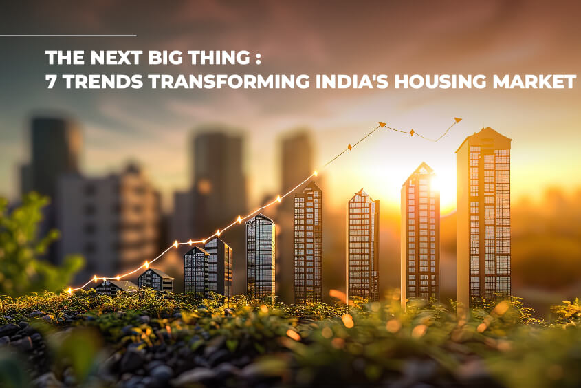 Image showing miniature skyscrapers amidst greenery with a glowing upward graph, symbolizing growth in India's housing market